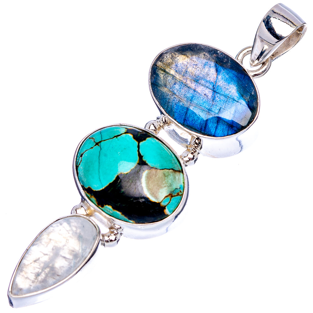 Premium Tibetan Turquoise, Labradorite, Rainbow Moonstone Pendant 2 1/4" (.925 Sterling Silver)