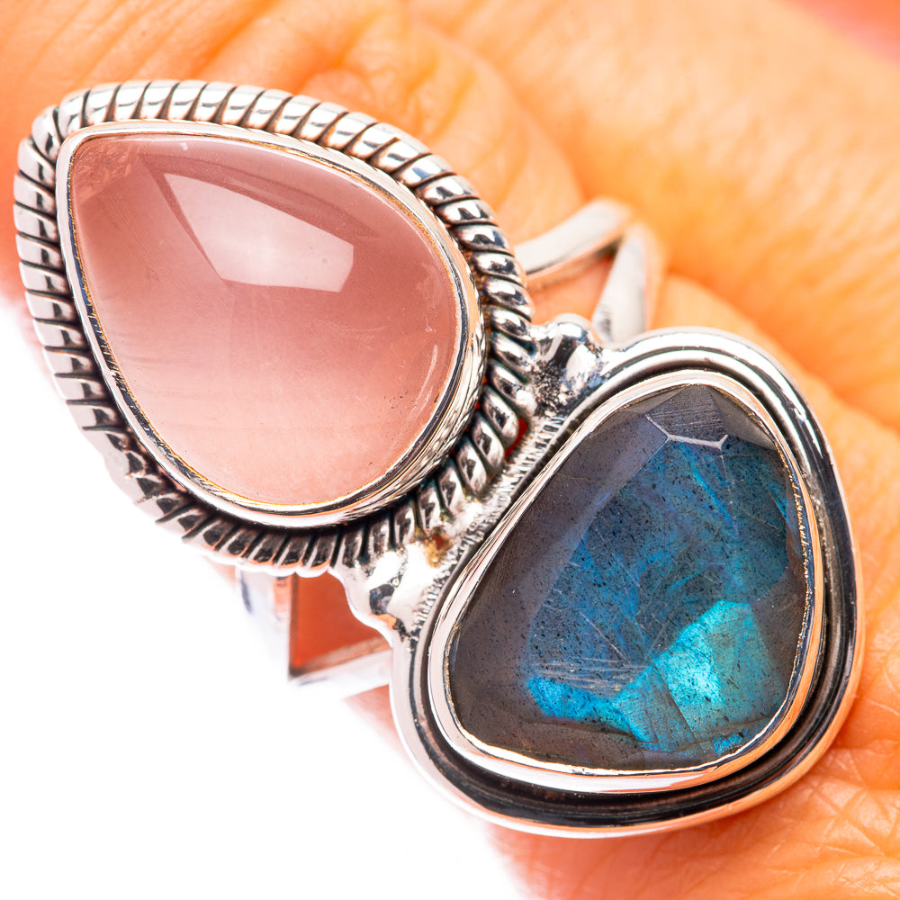 Large Rose Quartz, Labradorite Ring Size 8.5 (925 Sterling Silver) R141013