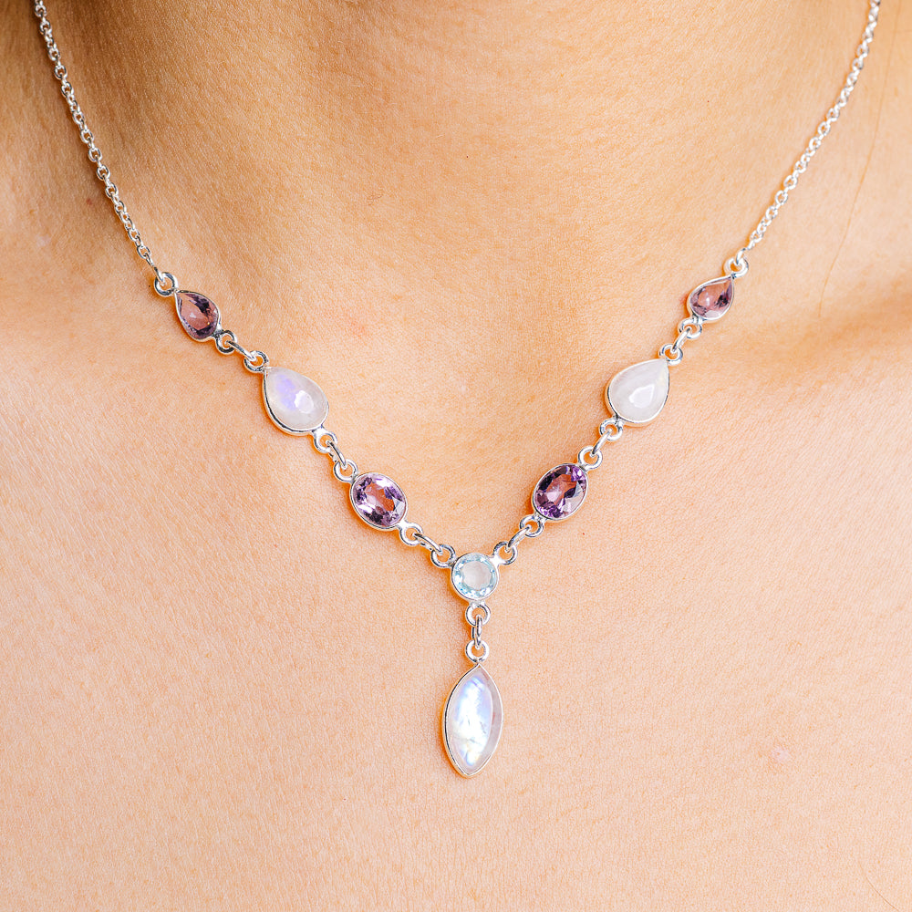 Rainbow Moonstone, Blue Topaz, Amethyst Necklace 15 to 16" (.925 Sterling Silver)
