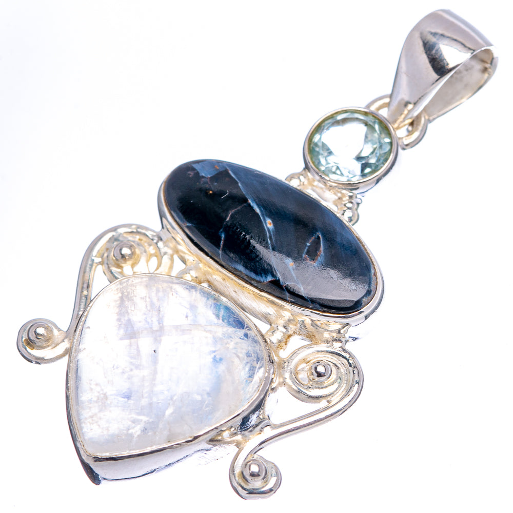 Premium Pietersite, Rainbow Moonstone, Blue Topaz Pendant 1 5/8" (.925 Sterling Silver)