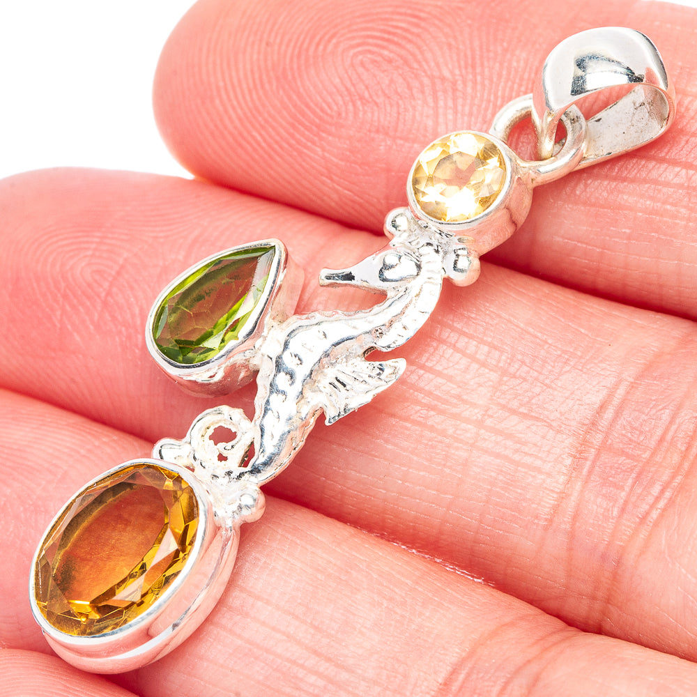 Faceted Citrine, Peridot Seahorse Pendant 1 3/4" (925 Sterling Silver) P41110