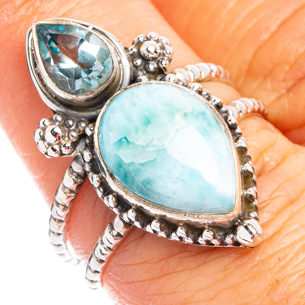 Rare Larimar, Blue Topaz Ring Size 7.5 (.925 Sterling Silver)