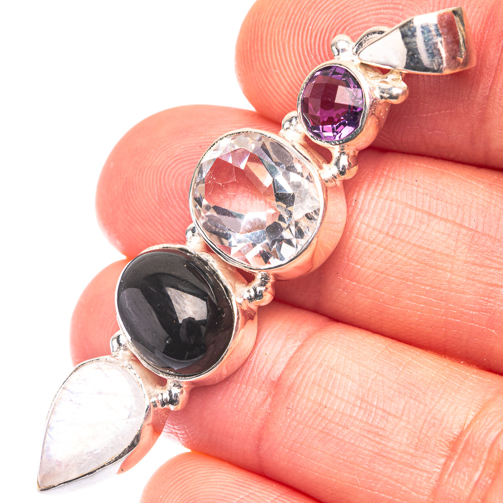 White Quartz, Black Onyx, Rainbow Moonstone, Amethyst Pendant 2 1/8" (925 Sterling Silver) P38699