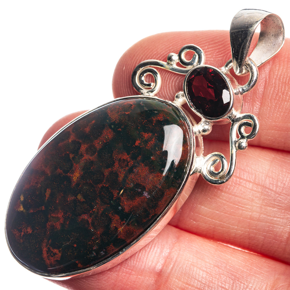 Bloodstone, Garnet 925 Sterling Silver Pendant 2"