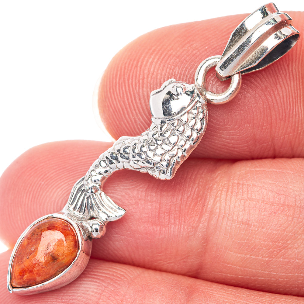 Mexican Fire Agate Dainty Pendant 1 5/8" (925 Sterling Silver) P39895