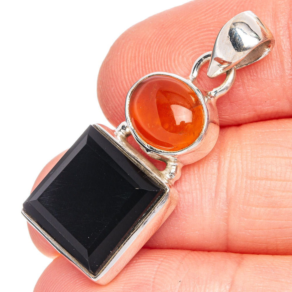 Black Onyx, Carnelian Pendant 1 3/8" (925 Sterling Silver) P40300