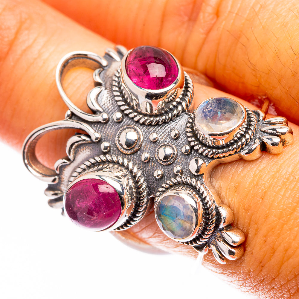 Large Pink Tourmaline, Rainbow Moonstone Ring Size 7.5 (925 Sterling Silver) R141236