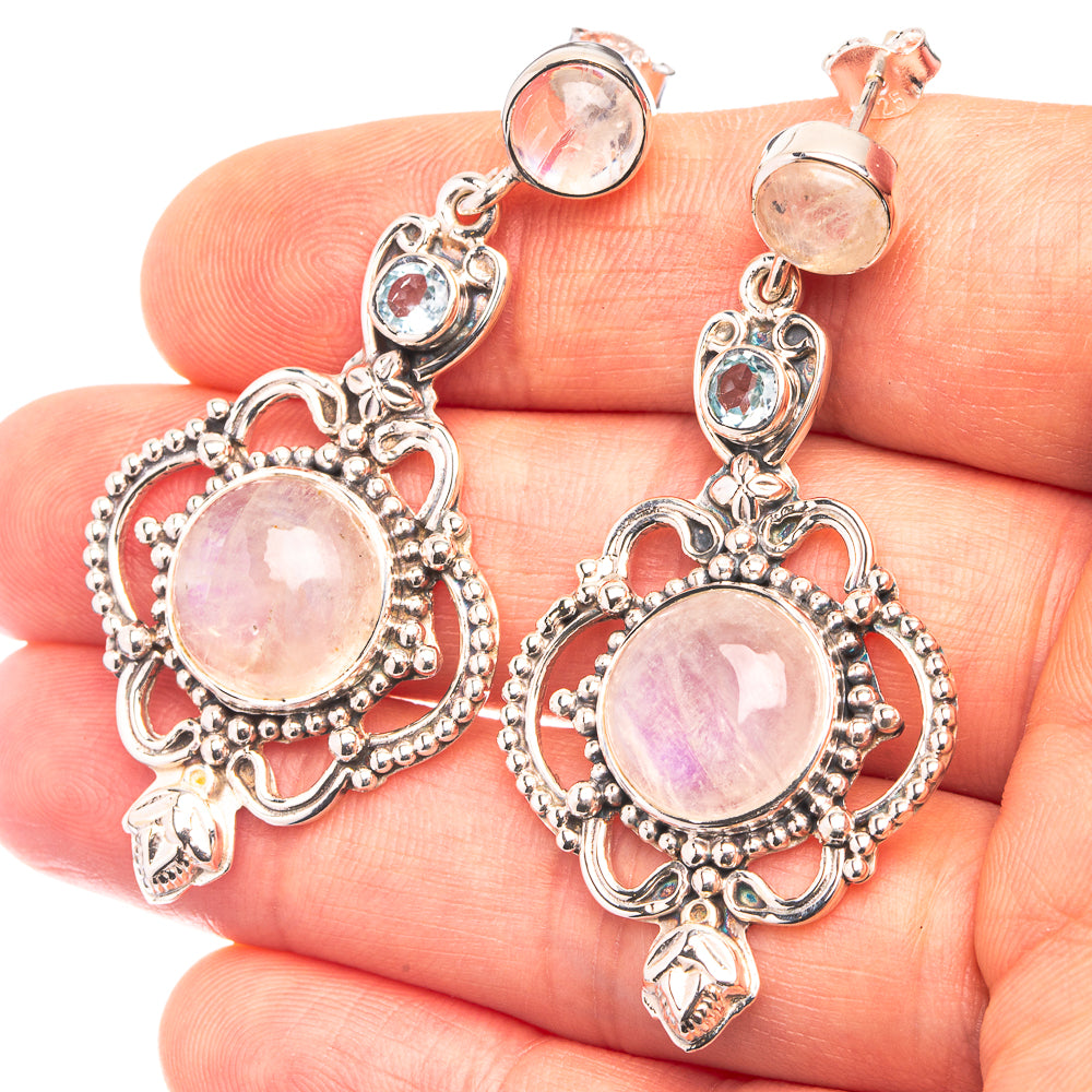 Signature Rainbow Moonstone, Blue Topaz Earrings 2" (925 Sterling Silver) E432328