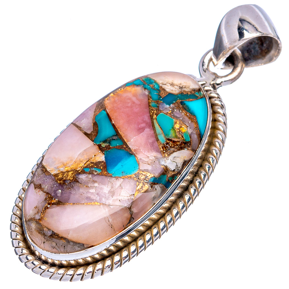 Copper Blue Turquoise Pink Opal Pendant 1 1/2" (925 Sterling Silver) P43503