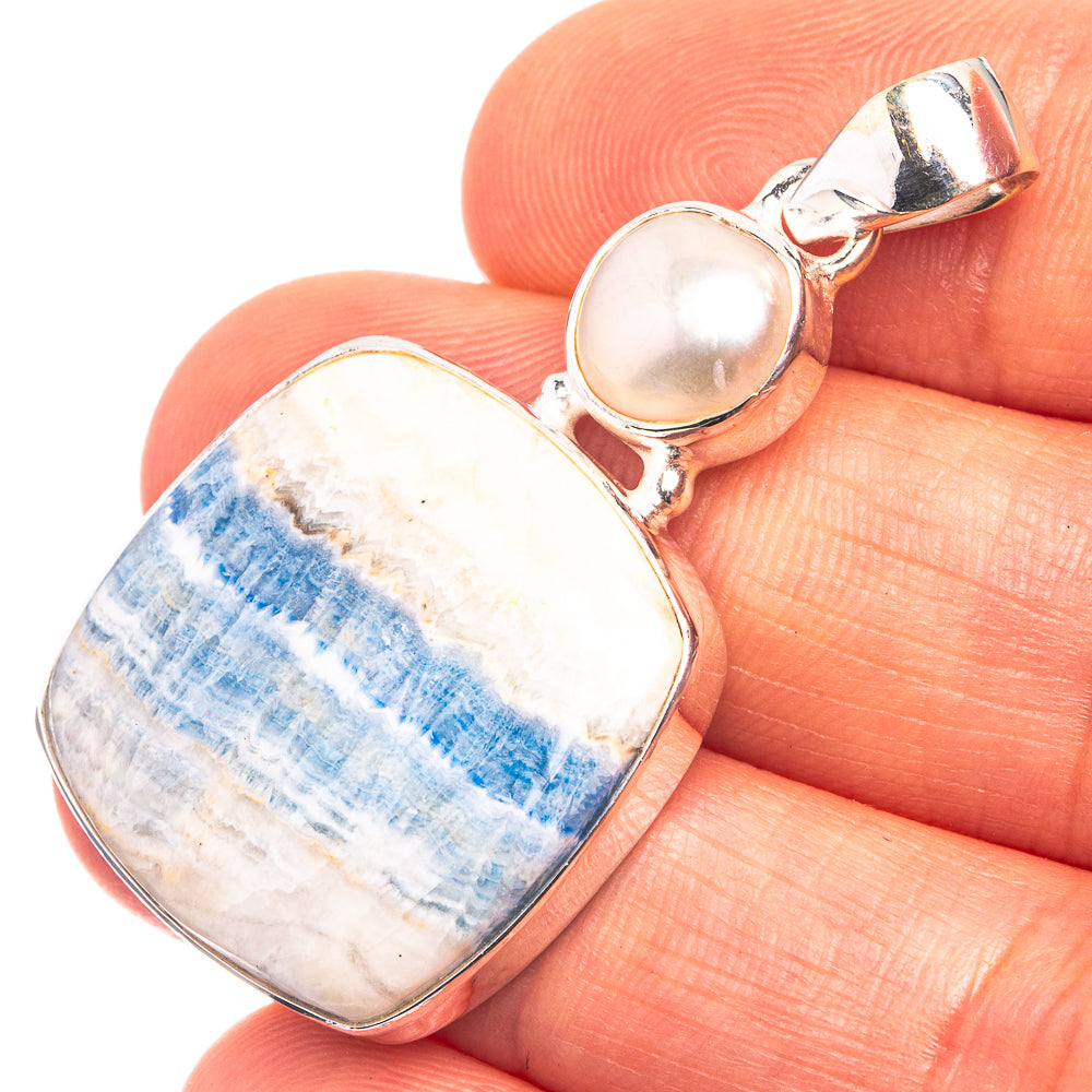 Blue Scheelite, Cultured Pearl Pendant 1 5/8" (925 Sterling Silver) P38946