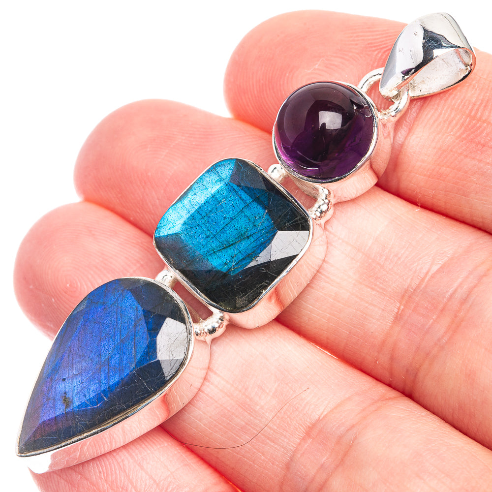 Labradorite, Amethyst 925 Sterling Silver Pendant 2 1/4"