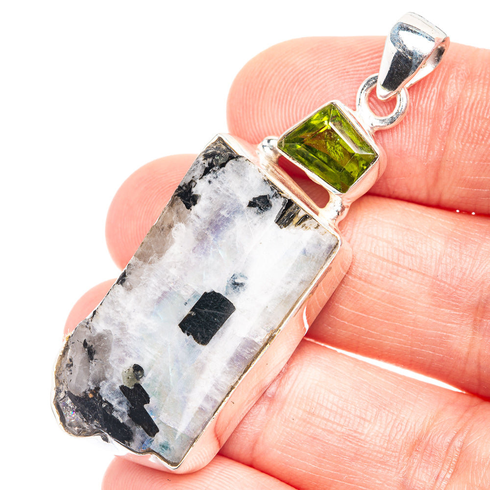 Raw Rainbow Moonstone, Peridot Pendant 2 1/8" (925 Sterling Silver) P39272