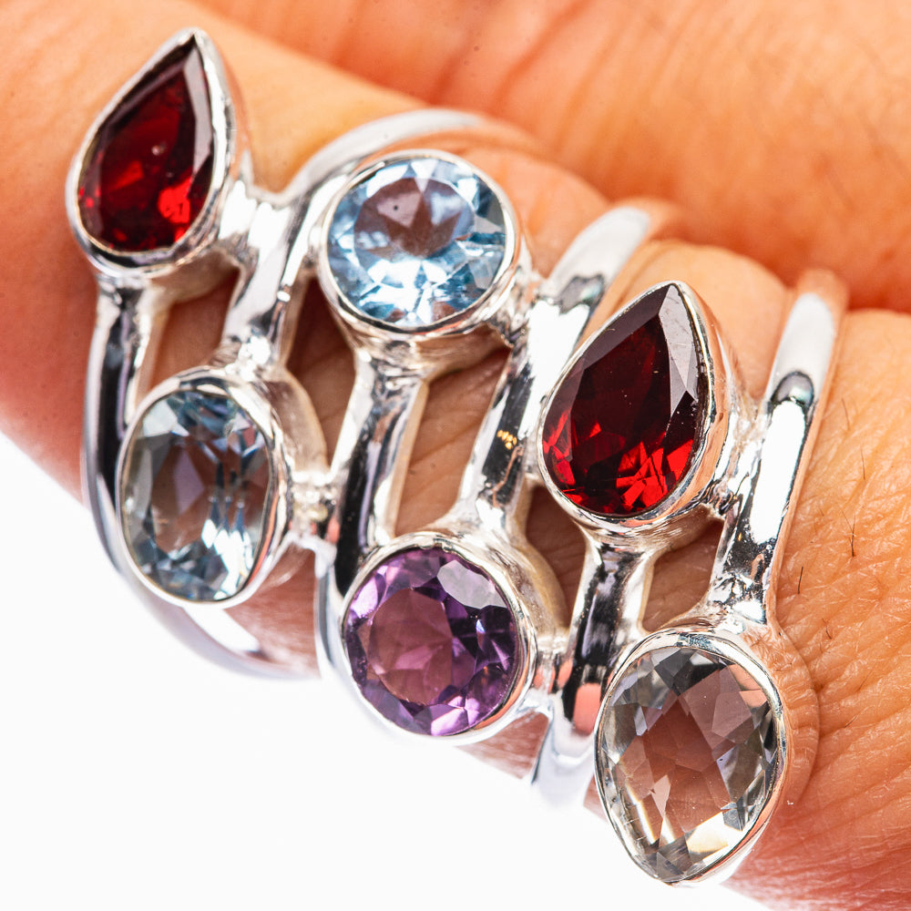 Garnet, Blue Topaz, Amethyst, White Quartz Ring Size 7.5 (925 Sterling Silver) R142048