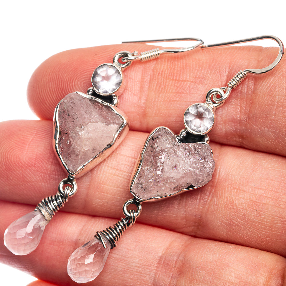 Rough Rose Quartz, White Quartz Earrings 2 1/8" (925 Sterling Silver) E432641