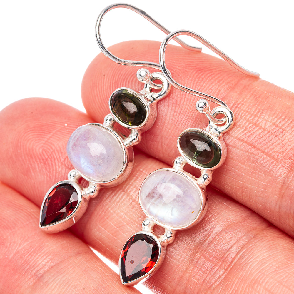 Rainbow Moonstone, Peridot, Garnet 925 Sterling Silver Earrings 1 1/2" (925 Sterling Silver) E1425