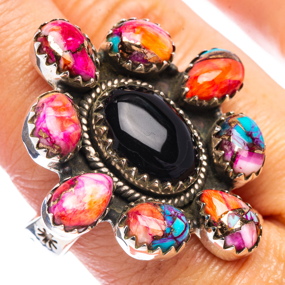 Exclusive Black Onyx , Pink Dahlia Mohave Turquoise Ring Size 10 Adjustable (.925 Sterling Silver)