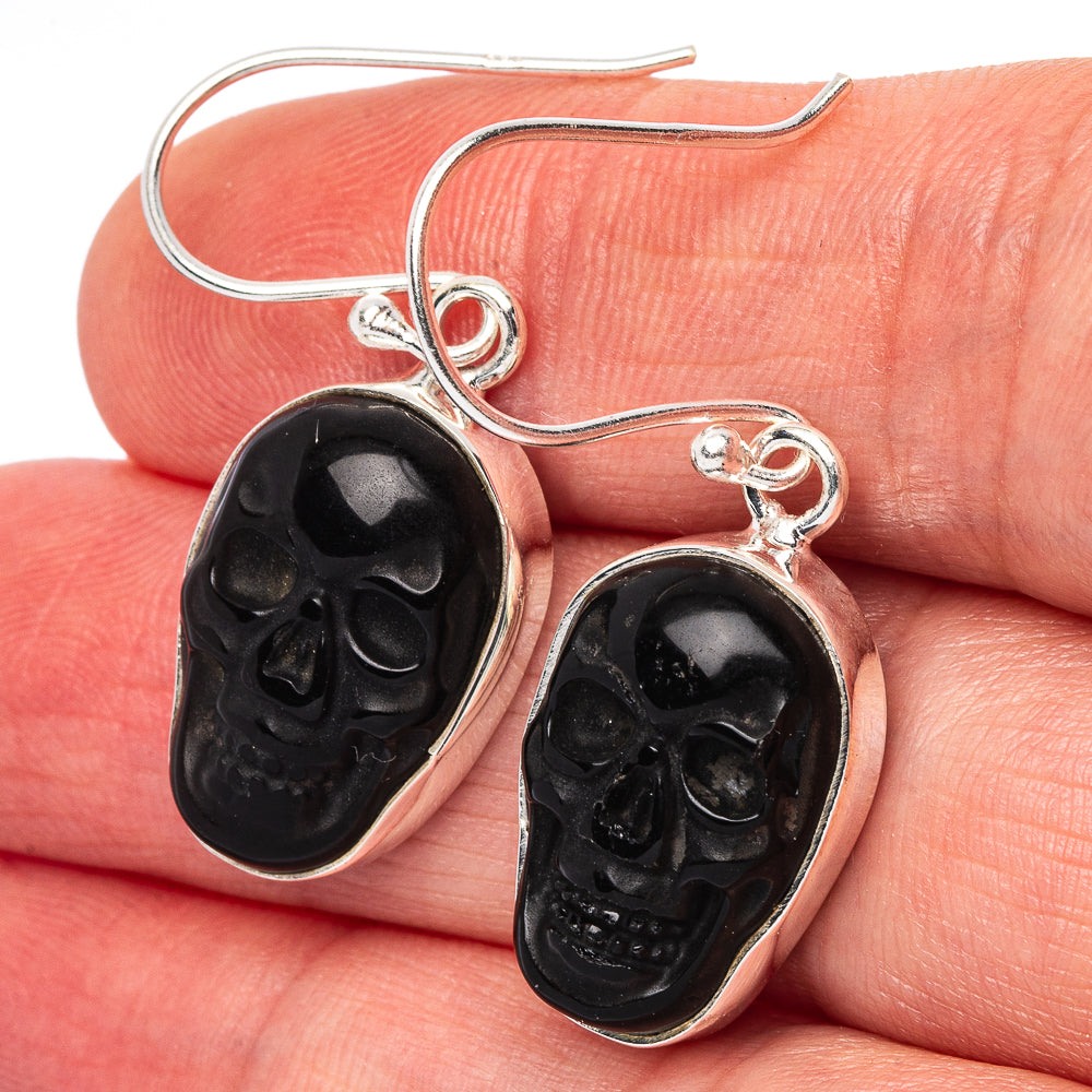 Black Onyx Skull Earrings 1 3/8" (925 Sterling Silver) E2680