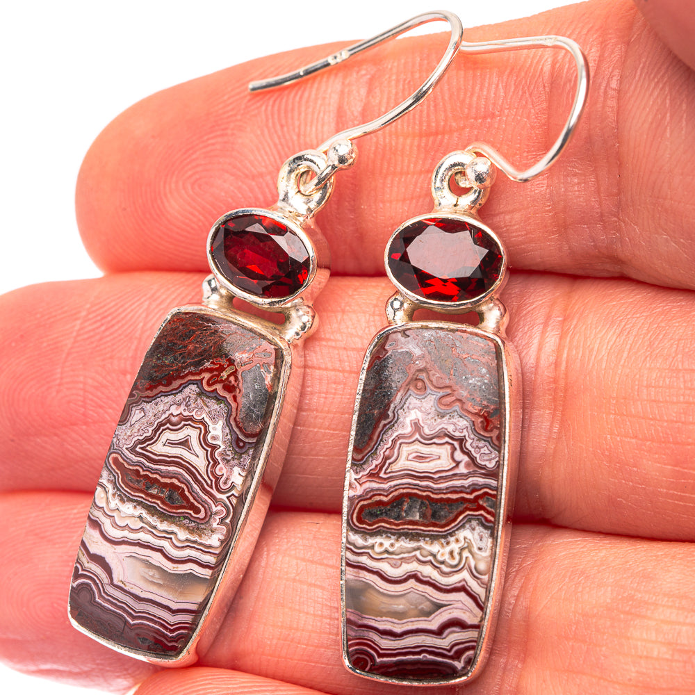 Crazy Lace Agate, Garnet 925 Sterling Silver Earrings 1 3/4" (925 Sterling Silver) EARR432217