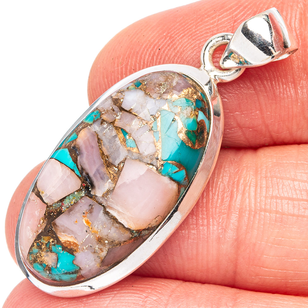 Copper Blue Turquoise Pink Opal Pendant 1 3/8" (925 Sterling Silver) P43501