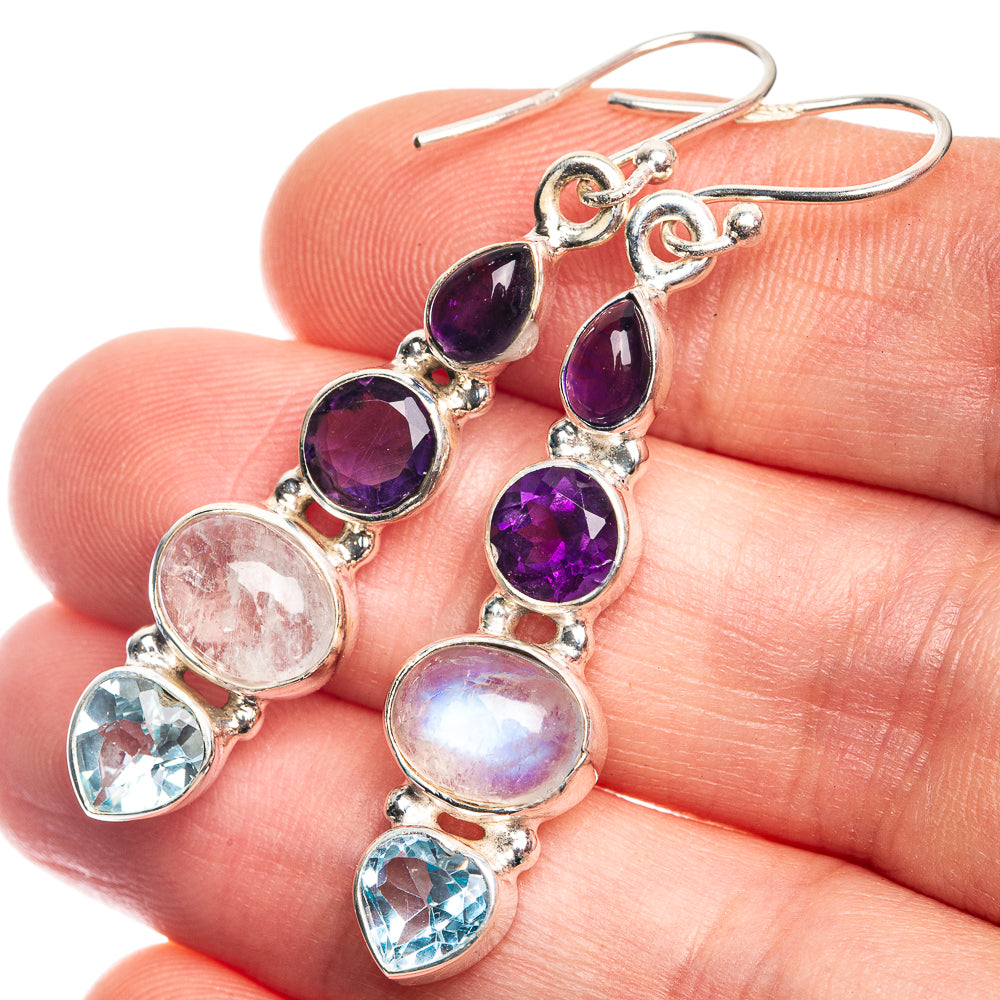 Rainbow Moonstone, Amethyst, Blue Topaz Earrings 1 7/8" (925 Sterling Silver) E432662