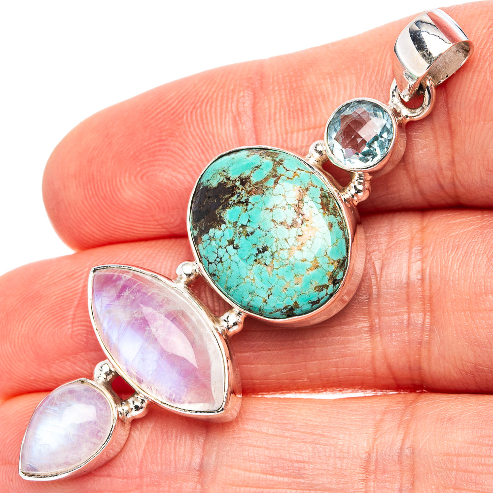 Premium Tibetan Turquoise, Rainbow Moonstone, Blue Topaz Pendant 2 1/4" (.925 Sterling Silver)