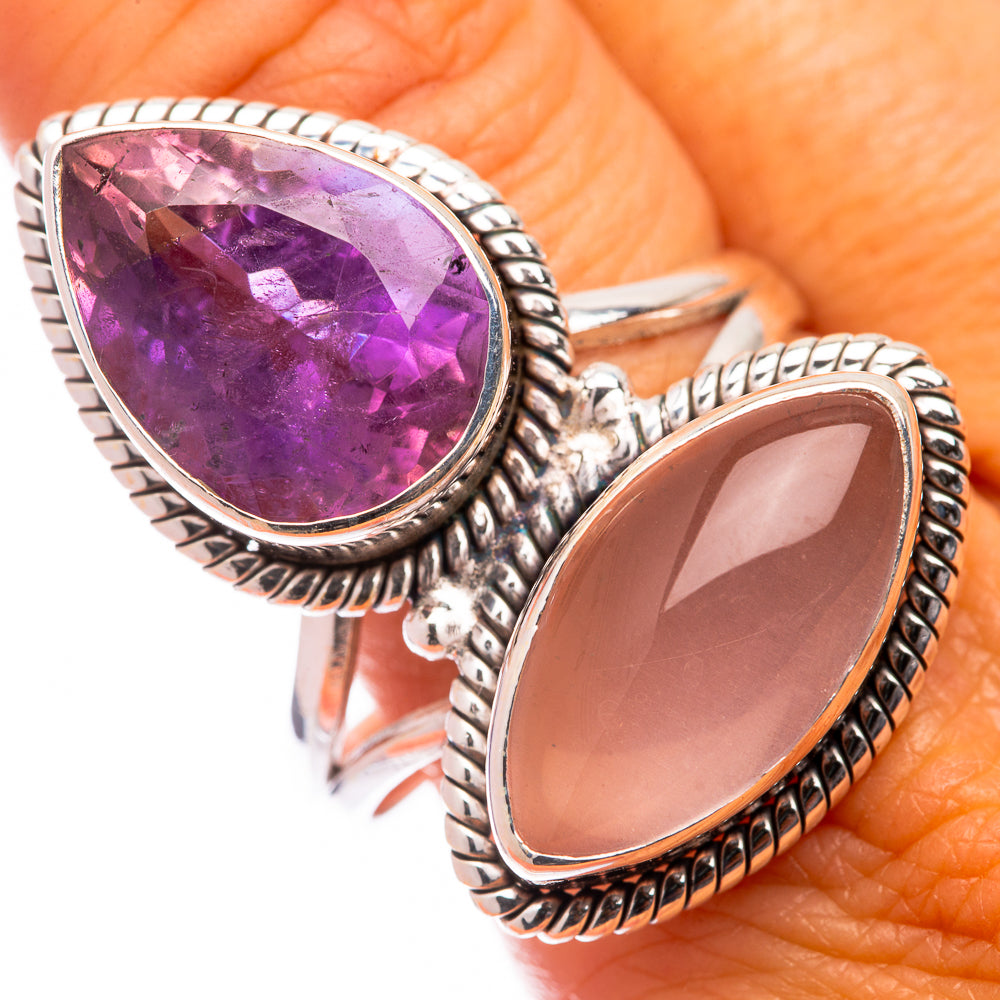 Large Rose Quartz, Amethyst Ring Size 11.75 (925 Sterling Silver) R141044