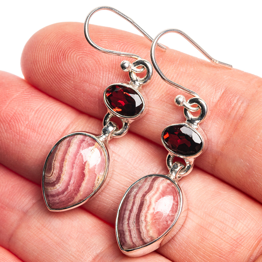 Rhodochrosite, Garnet 925 Sterling Silver Earrings 1 5/8"