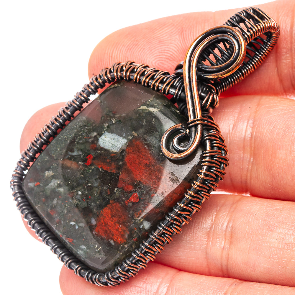Bloodstone Wire Wrap Pendant 2 1/4" (Oxidized Copper)