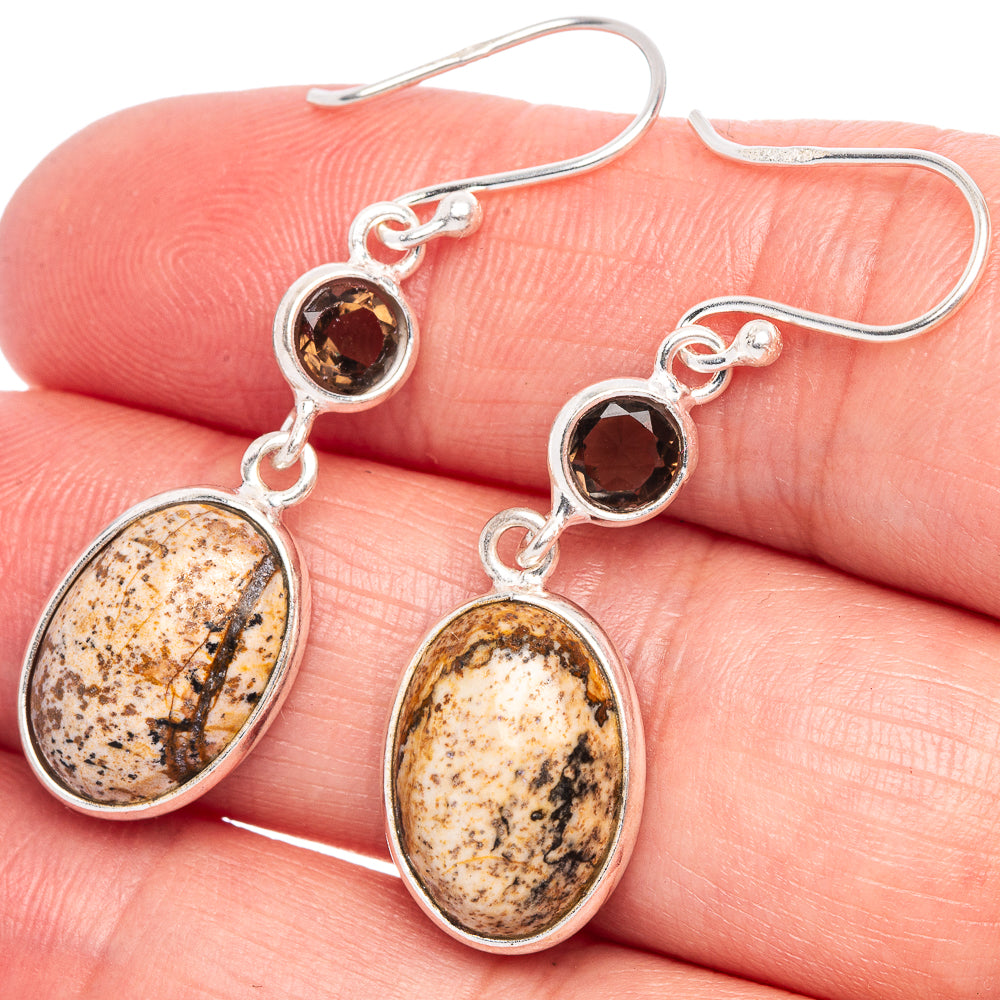 Picture Jasper, Smoky Quartz Earrings 1 5/8" (925 Sterling Silver) E433424
