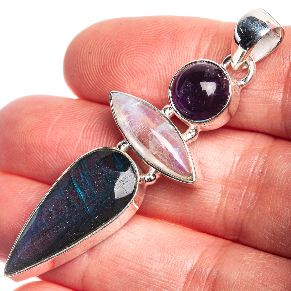 Labradorite, Rainbow Moonstone, Amethyst Pendant 2 1/4" (925 Sterling Silver) P39739