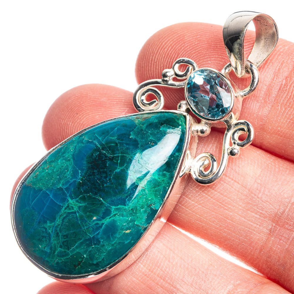 Chrysocolla, Blue Topaz 925 Sterling Silver Pendant 2"