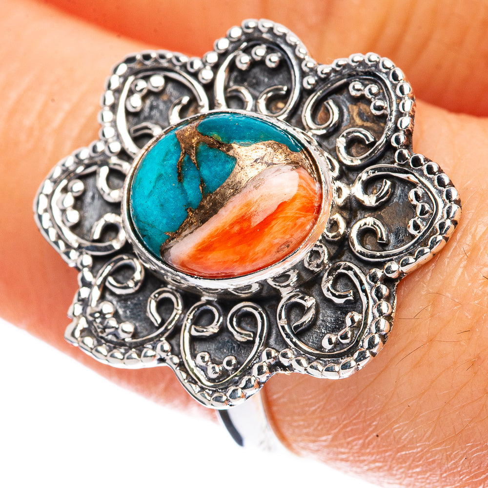 Spiny Oyster Turquoise Flower Ring Size 8 (925 Sterling Silver) R3194