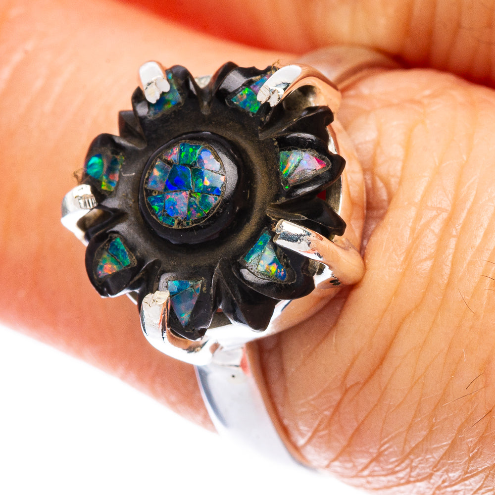 Rare Black Onyx Opal Flower Ring Size 7 (925 Sterling Silver) R2449