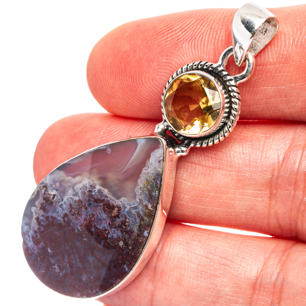 Premium Indonesian Plume Agate, Citrine Pendant 2 1/8" (.925 Sterling Silver)
