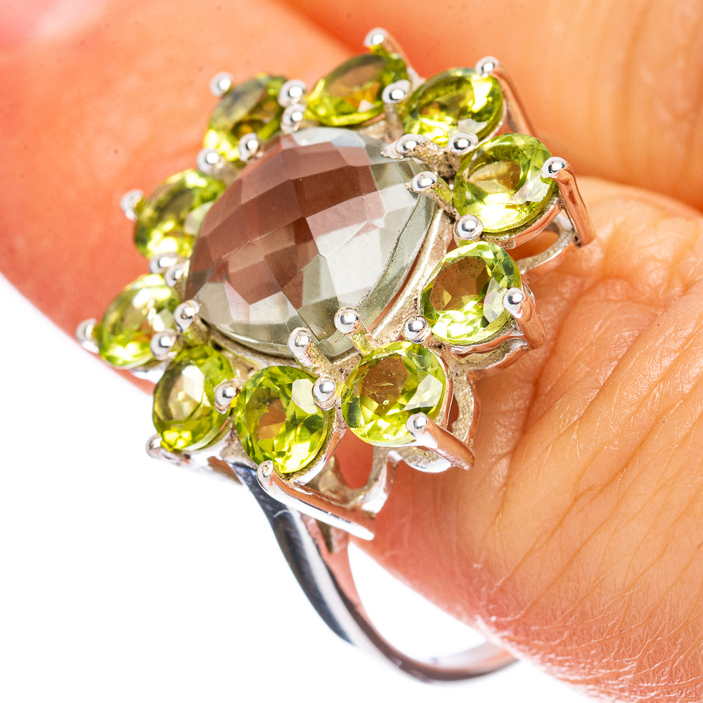 Faceted Green Amethyst, Peridot Flower Ring Size 9 (925 Sterling Silver) R3149