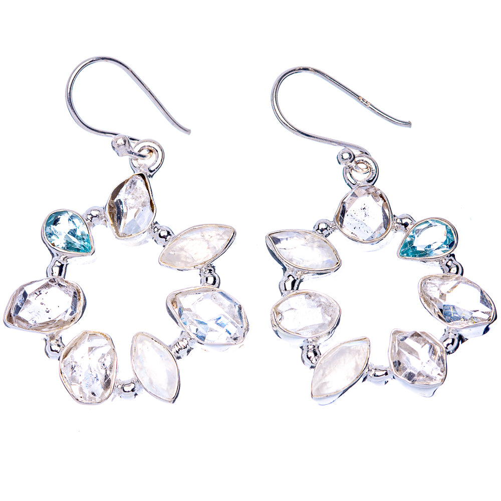 Premium Rainbow Moonstone, Herkimer Diamond, Blue Topaz Earrings 1 5/8" (925 Sterling Silver) E1284