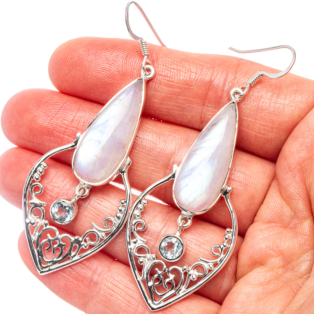 Signature Rainbow Moonstone, Blue Topaz Earrings 2 5/8" (.925 Sterling Silver)