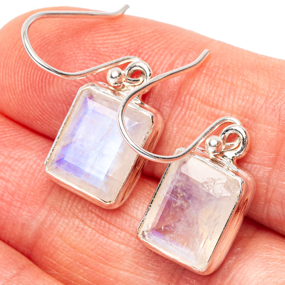 Faceted Rainbow Moonstone Earrings 1 1/8" (925 Sterling Silver) E2684
