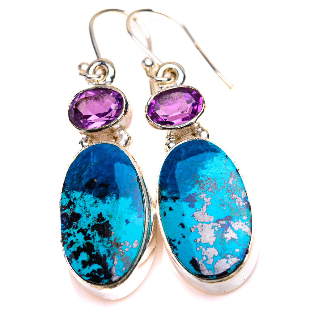 Shattuckite, Amethyst Earrings 1 5/8" (925 Sterling Silver) EARR432139