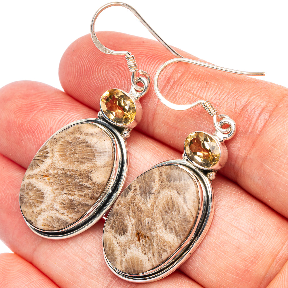 Fossil Coral, Citrine 925 Sterling Silver Earrings 1 7/8" (925 Sterling Silver) E2094