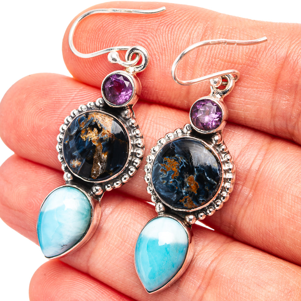 Premium Pietersite, Larimar, Amethsyt Earrings 1 7/8" (.925 Sterling Silver)