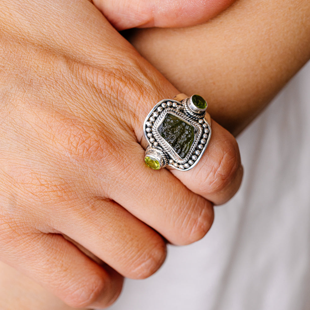 Czech Moldavite, Peridot Ring Size 9.25 (925 Sterling Silver) R6037