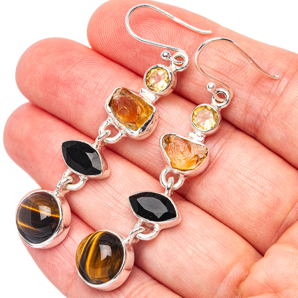 Premium Tiger Eye, Black Onyx, Citrine Earrings 2 1/4" (925 Sterling Silver) E1672