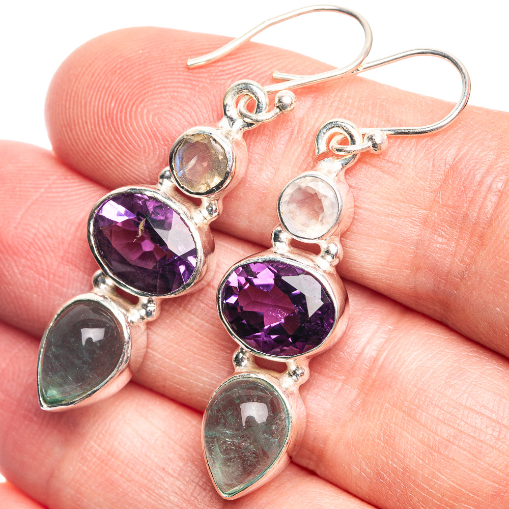 Aquamarine, Amethyst, Rainbow Moonstone Earrings 1 3/4" (925 Sterling Silver) E432635