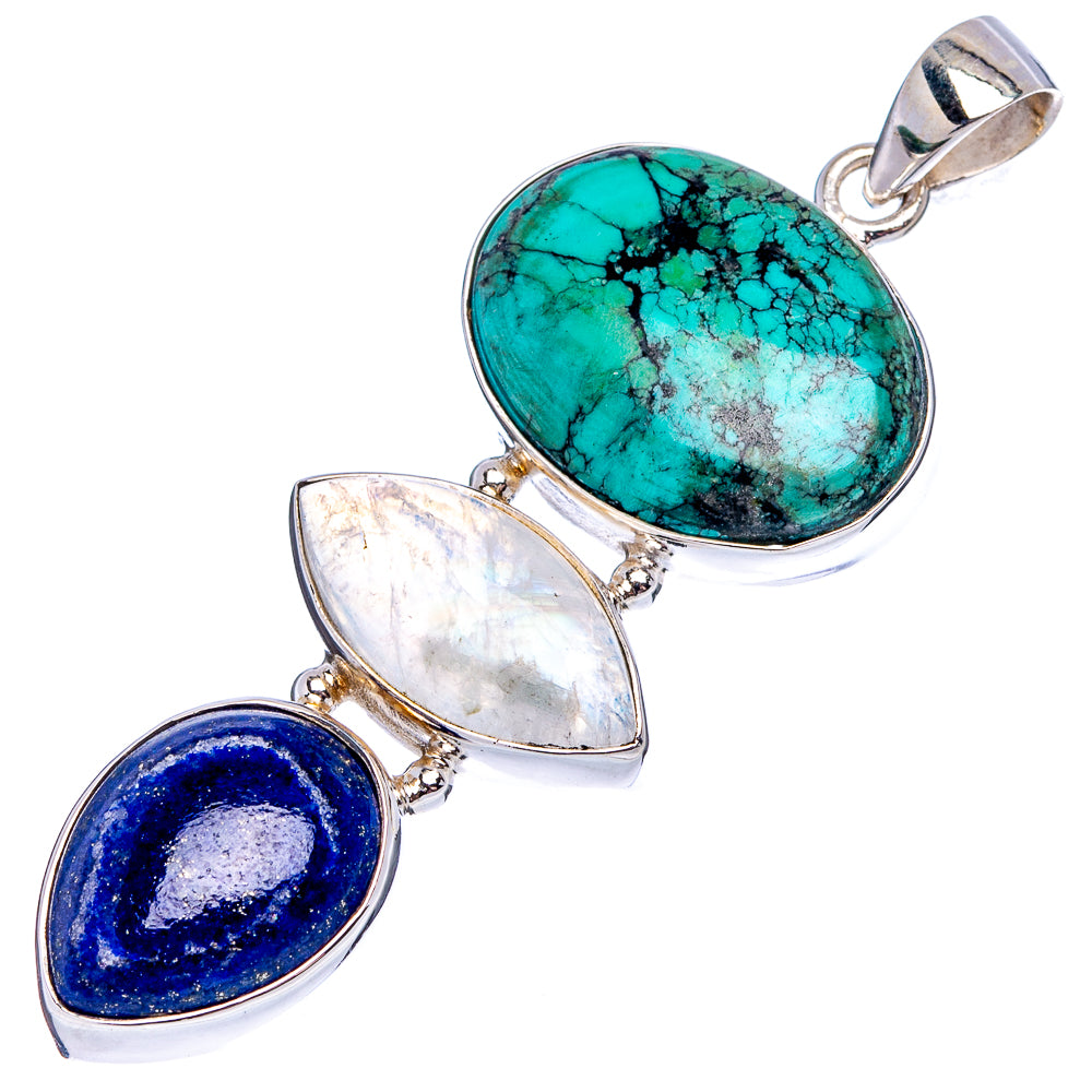 Premium Tibetan Turquoise, Rainbow Moonstone, Lapis Lazuli Pendant 2 1/4" (.925 Sterling Silver)