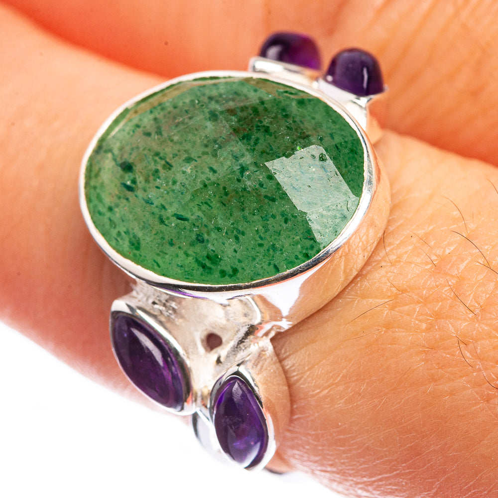 Green Aventurine, Amethyst 925 Sterling Silver Ring Size 7.75