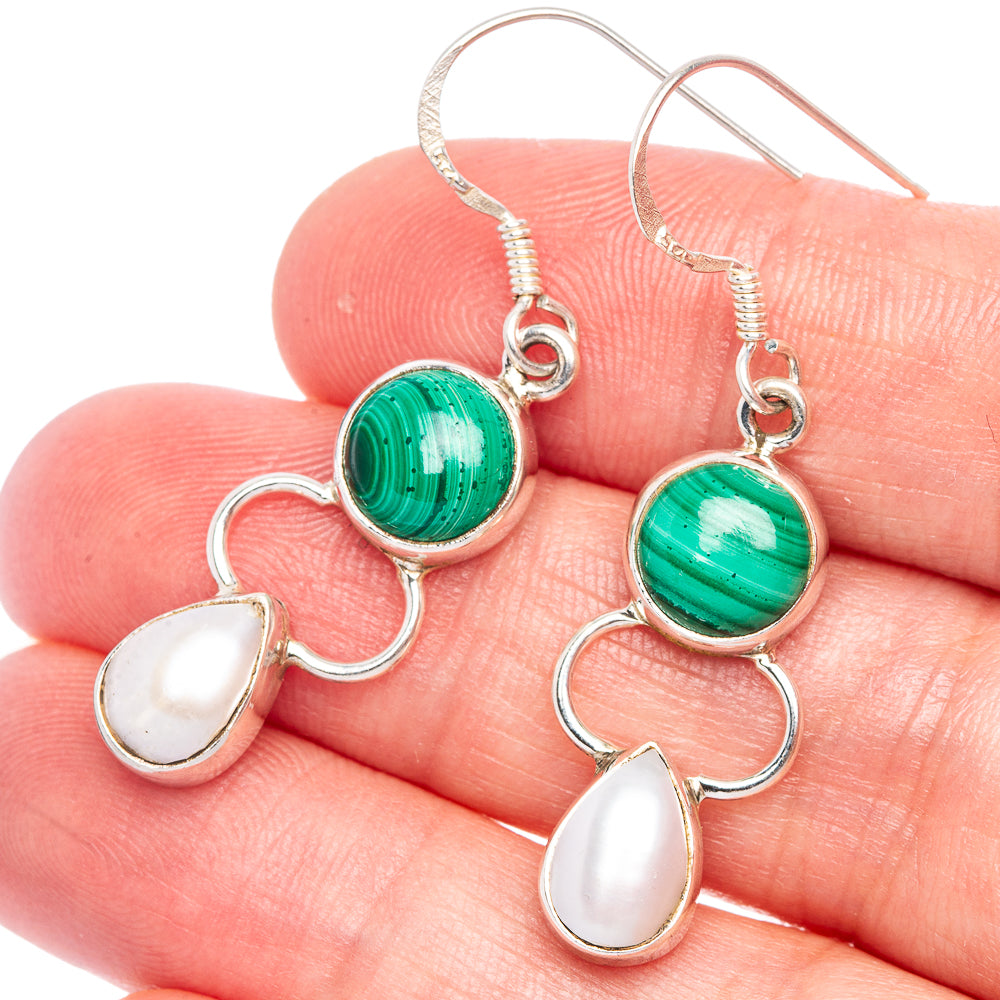 Malachite, Cultured Pearl Earrings 1 5/8" (925 Sterling Silver) E433453