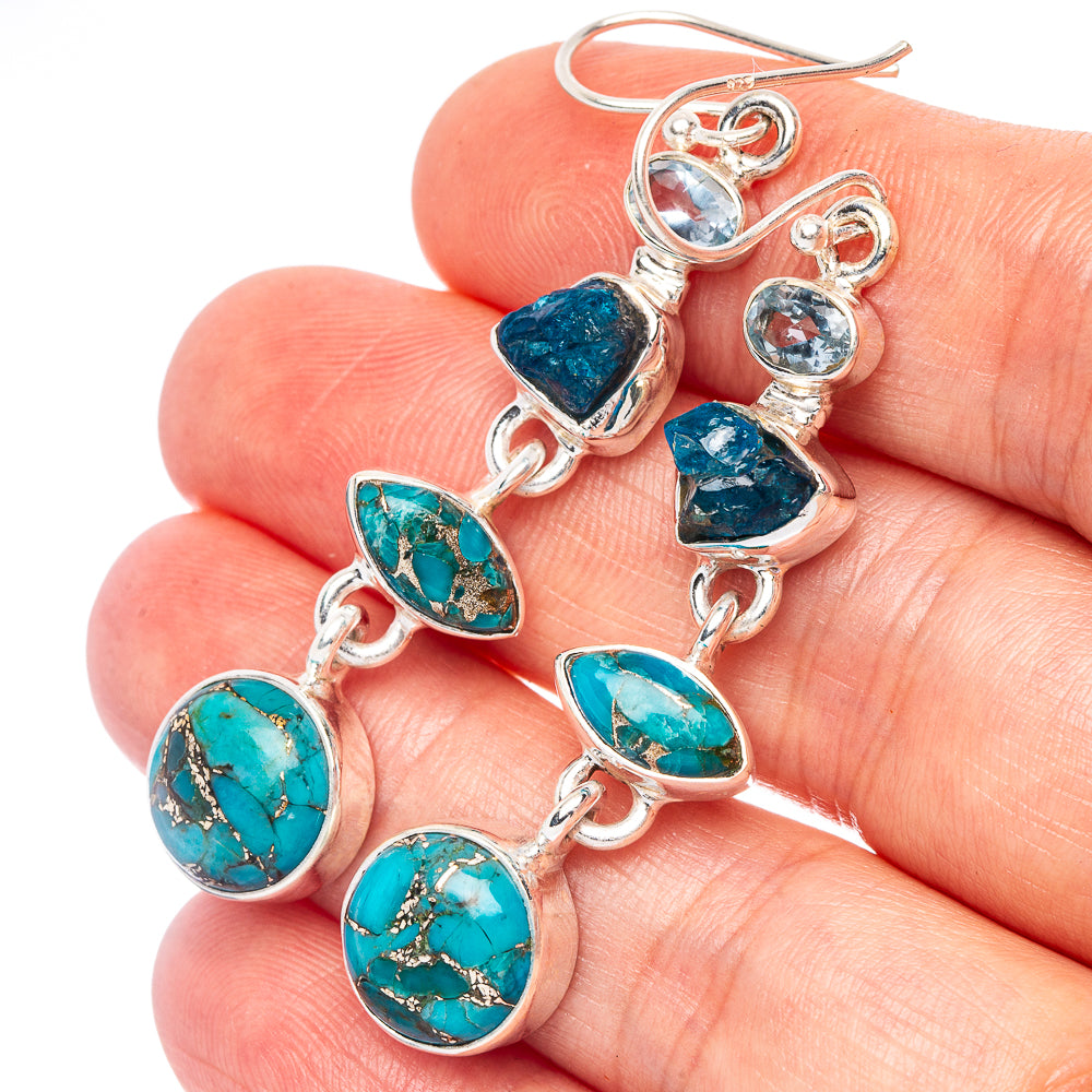 Blue Copper Composite Turquoise, Apatite, Blue Topaz Earrings 2 1/4" (925 Sterling Silver) E2622