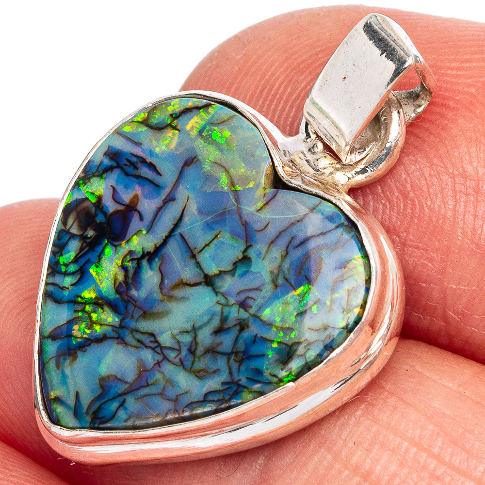 Rare Sterling Opal Heart Pendant 1 1/8" (925 Sterling Silver) P40437