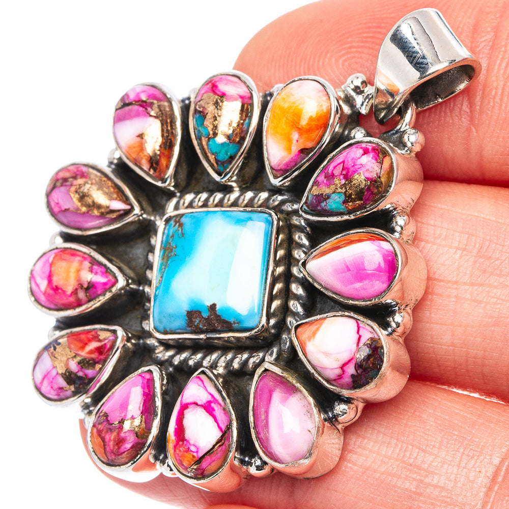 Rare Golden Hills Turquoise, Pink Dahlia Mohave Turquoise Native Style Pendant 1 5/8" (.925 Sterling Silver)